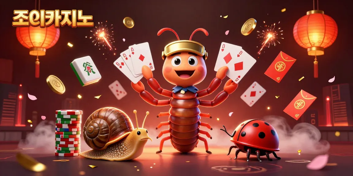Experience the excitement of 조이카지노 with a vibrant 3D casino scene showcasing cards and high-stakes action.