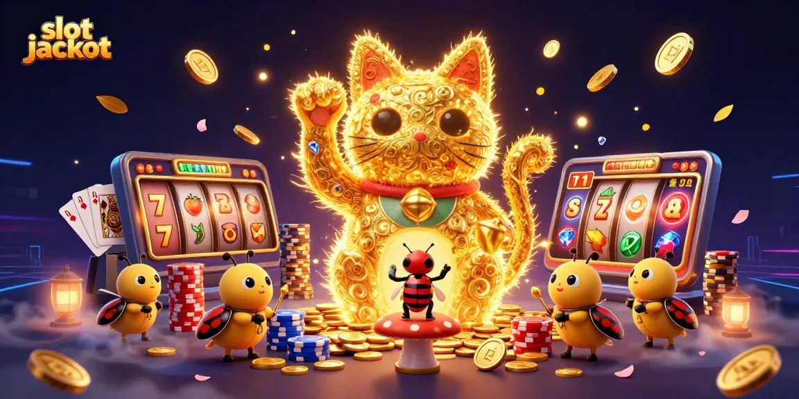 Mainkan slot jackpot di Dewa123 dengan beragam simbol slot berwarna cerah dan karakter bertema kasino.