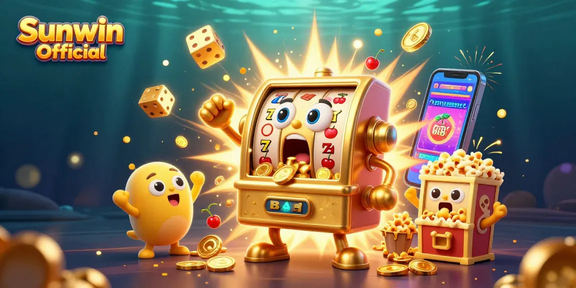 Experience the excitement of Sunwin Official as cartoon slot machines celebrate a jackpot explosion.