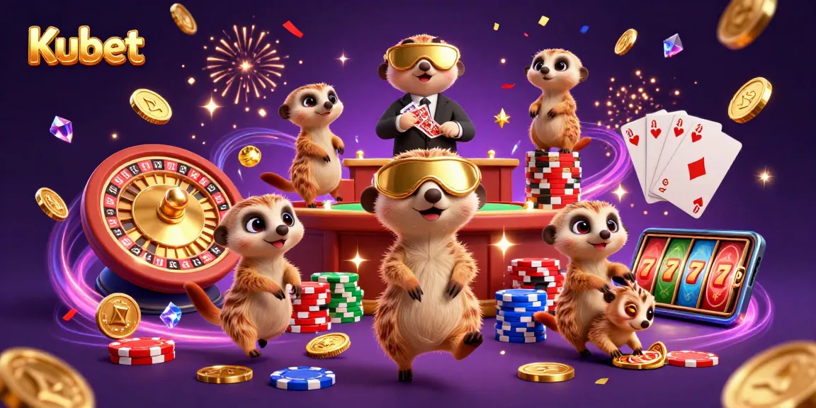 Kubet casino-themed 3D illustration showcasing meerkats operating the casino with vibrant gaming elements.
