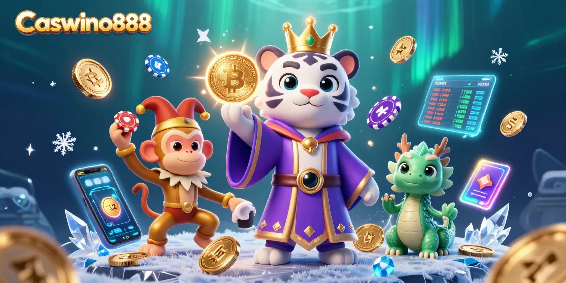 Play exciting games at Caswino888 with a lively 3D casino scene featuring a whimsical white tiger, playful monkey, and dragon.