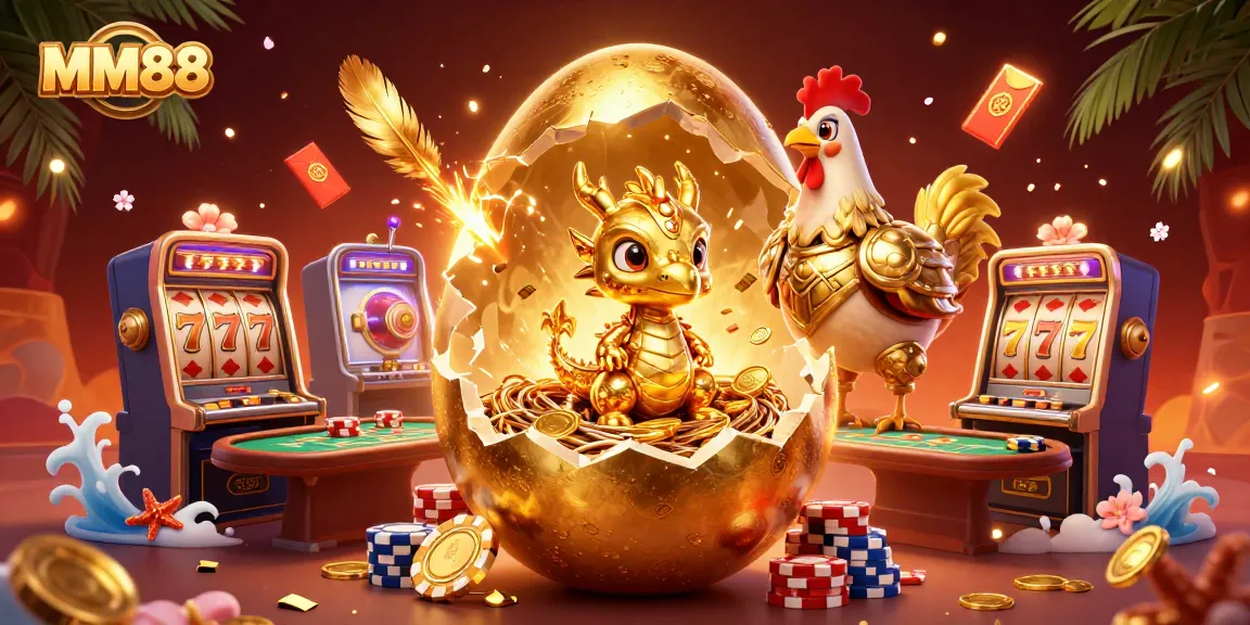 Experience thrilling MM88 slots with a golden dragon guarding poker chips and festive casino elements.