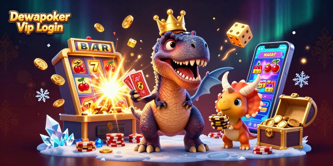 Dewapoker Vip Login displays a playful T-Rex and friends enjoying a casino card game with vibrant slots and chips.