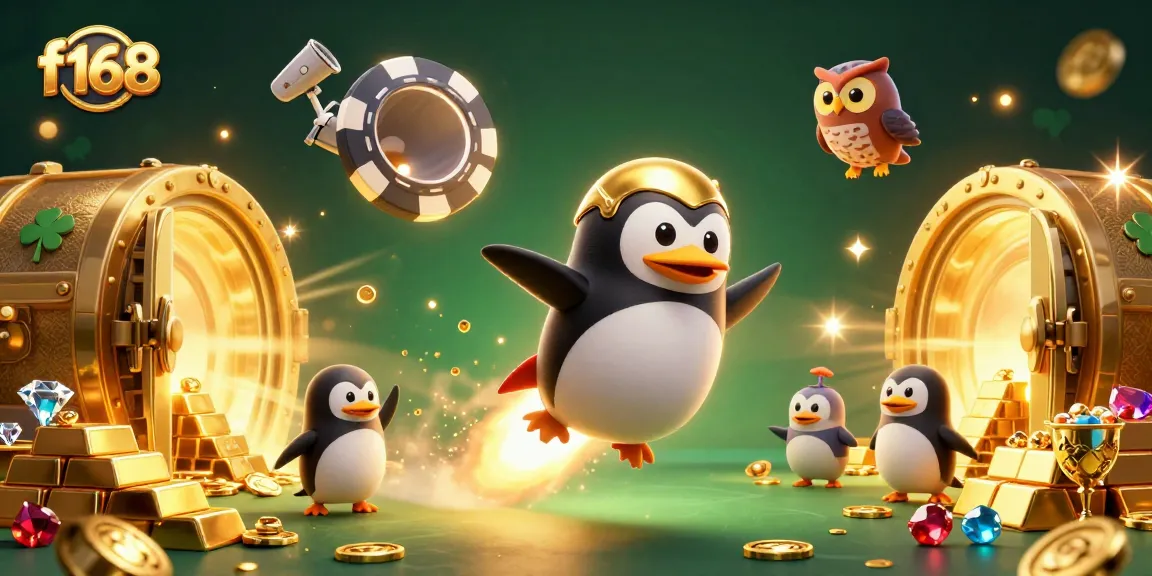 Engage in thrilling gaming action with f168 as a penguin blasts to a casino station, rich in treasures.