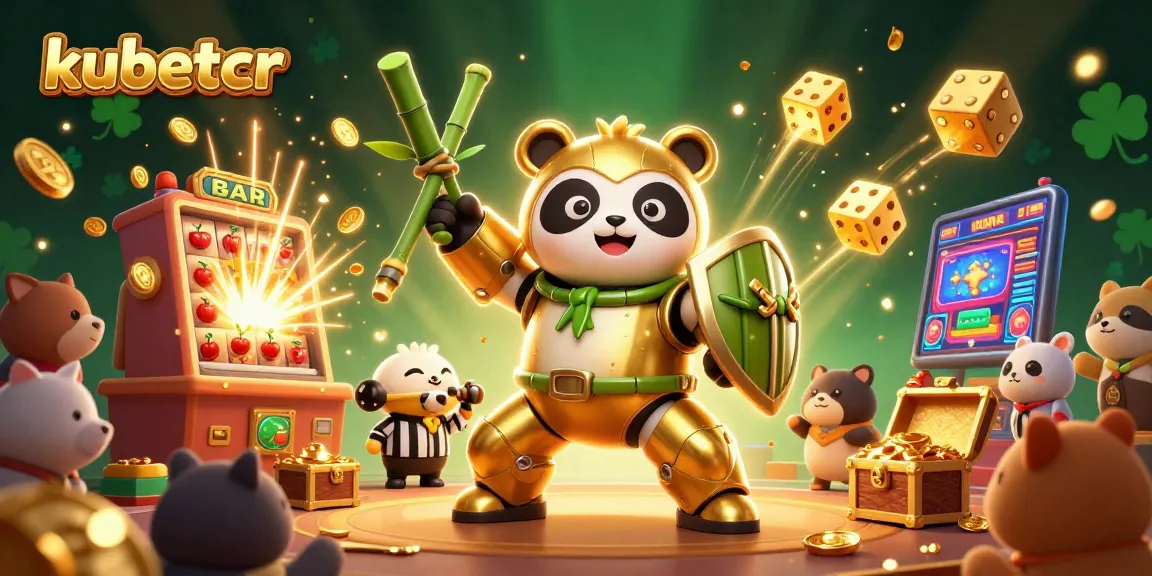 Kubetcr features a golden panda in a mech suit in a vibrant casino scene with dynamic gaming elements.