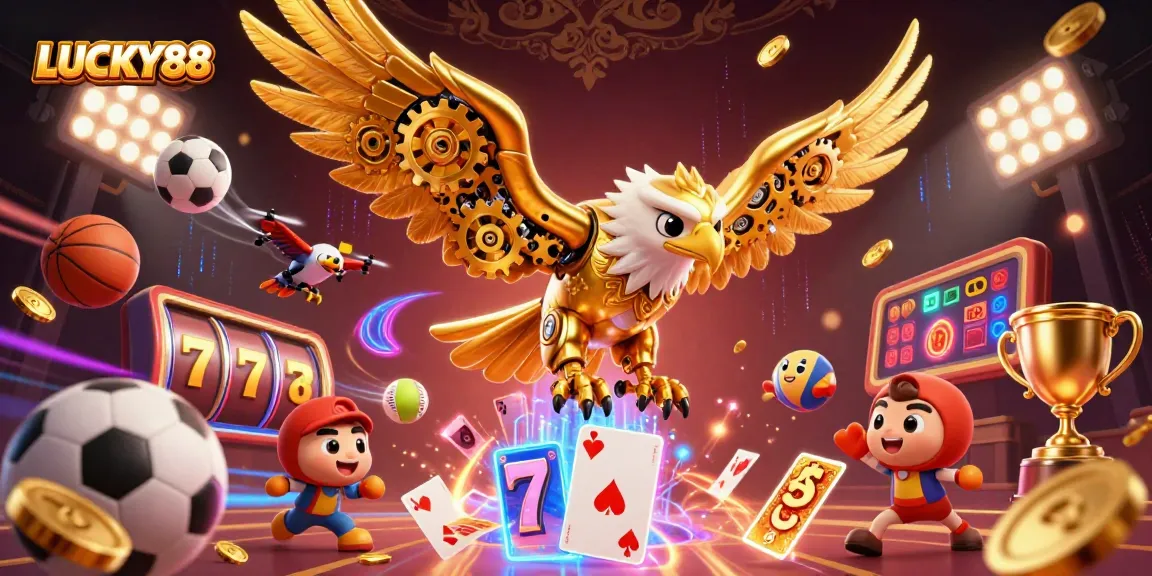 LUCKY88 enhances excitement in a vibrant 3D casino scene with golden eagle and sports elements.