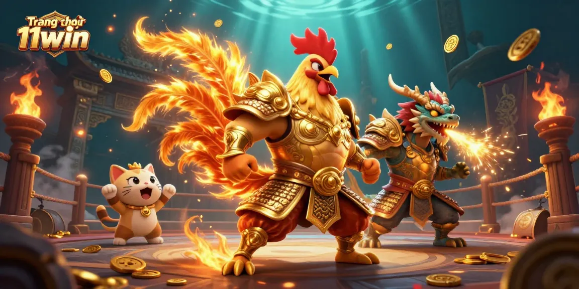 Join the action at Trang chủ 11win with a fierce fighting rooster and armored dragon in a dynamic casino arena.