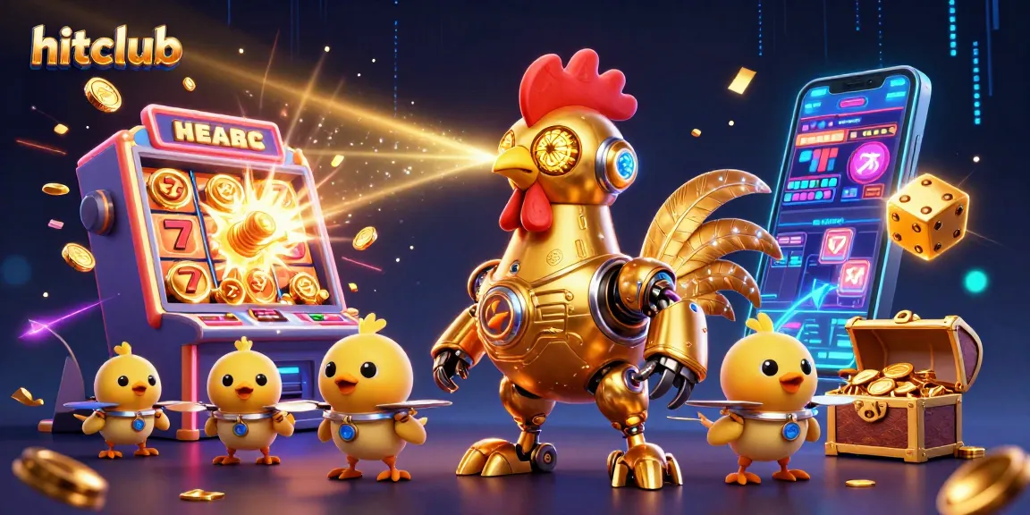 Experience the thrill of hitclub with golden rooster robots and casino symbols in a vibrant 3D scene.
