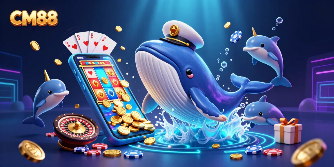 Experience gaming excitement with CM88 featuring a whimsical whale and friends amidst casino elements.