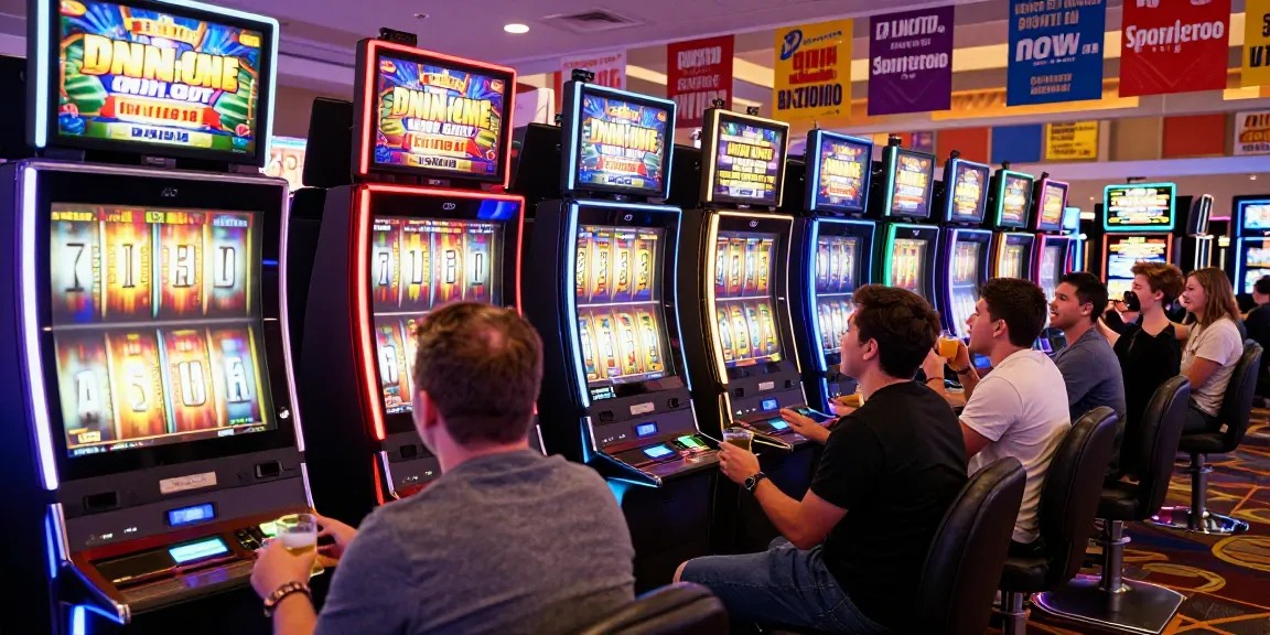 Slot jackpot di kasino dengan pemain bahagia di mesin slot.