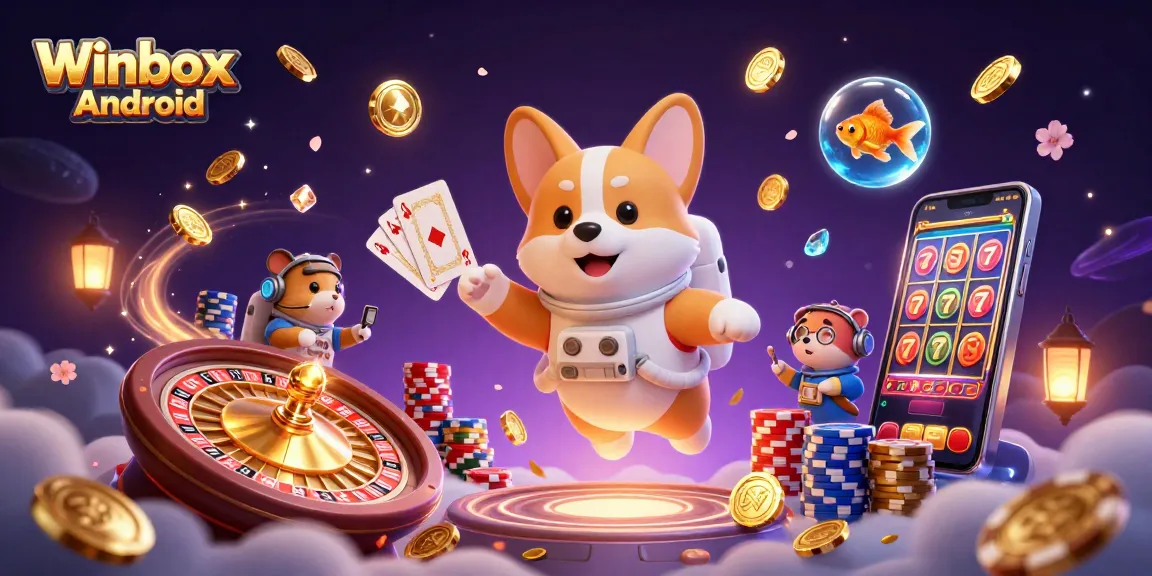 Winbox Android app showcases a gambling-themed space scene with cartoon characters and exciting casino elements.
