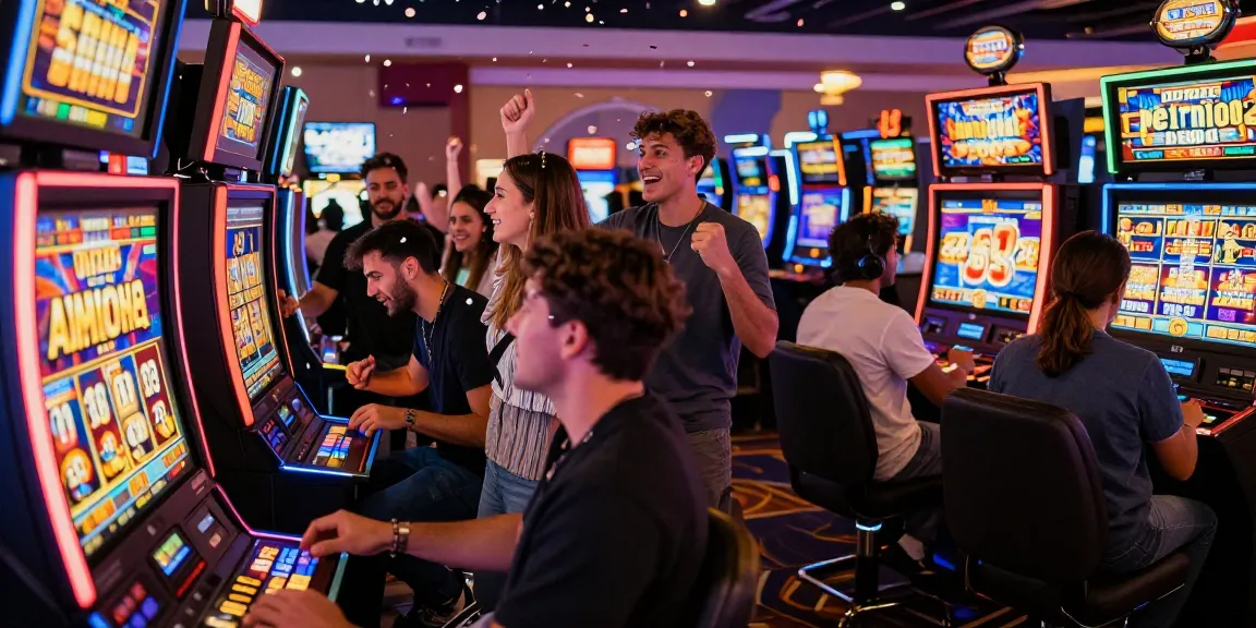 Pengalaman bermain slot gacor dengan pemain merayakan kemenangan di kasino yang ceria dan berwarna-warni.