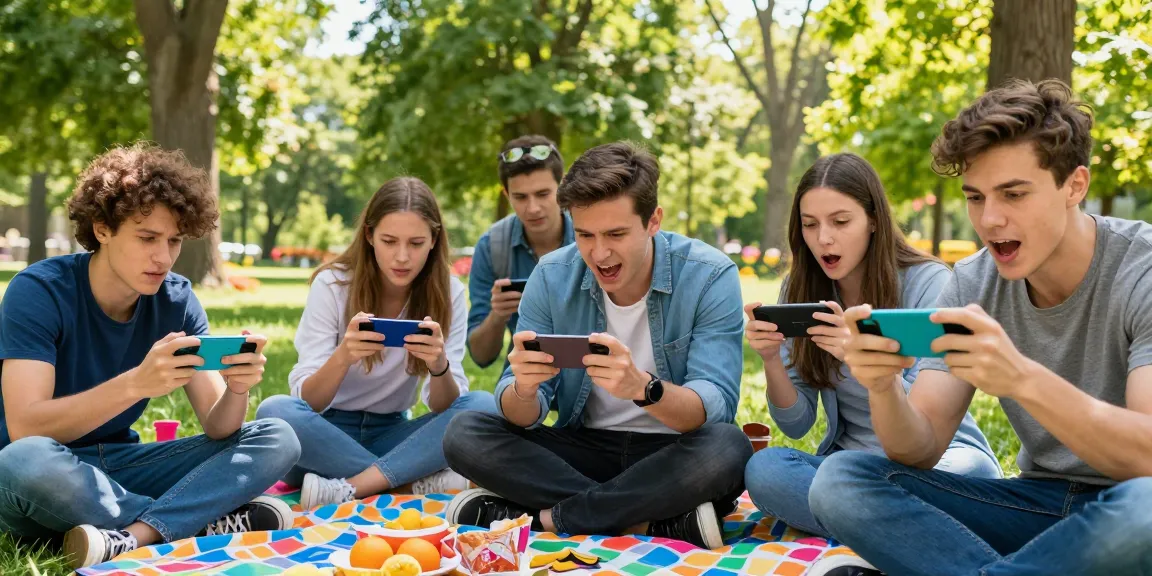 Friends enjoying an online game together outside in a sunny park, capturing the essence of community and fun.