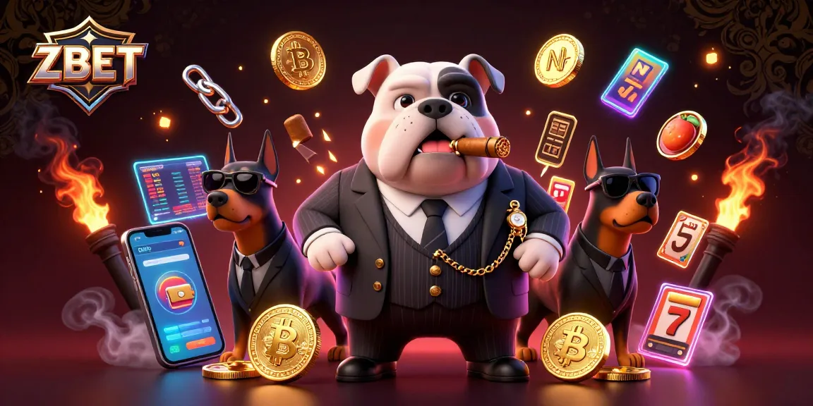 ZBET showcases a mafia boss bulldog, surrounded by crypto elements and slot symbols, emphasizing casino excitement.