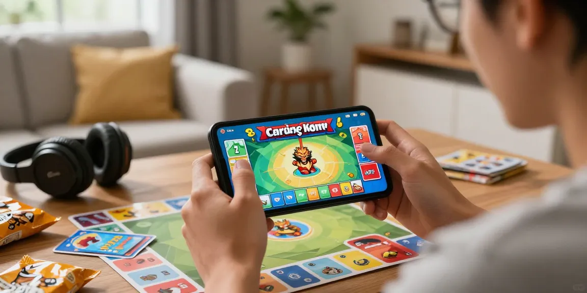 Engaged player using the new app, Card Rummy APK, in a vibrant living room setting.