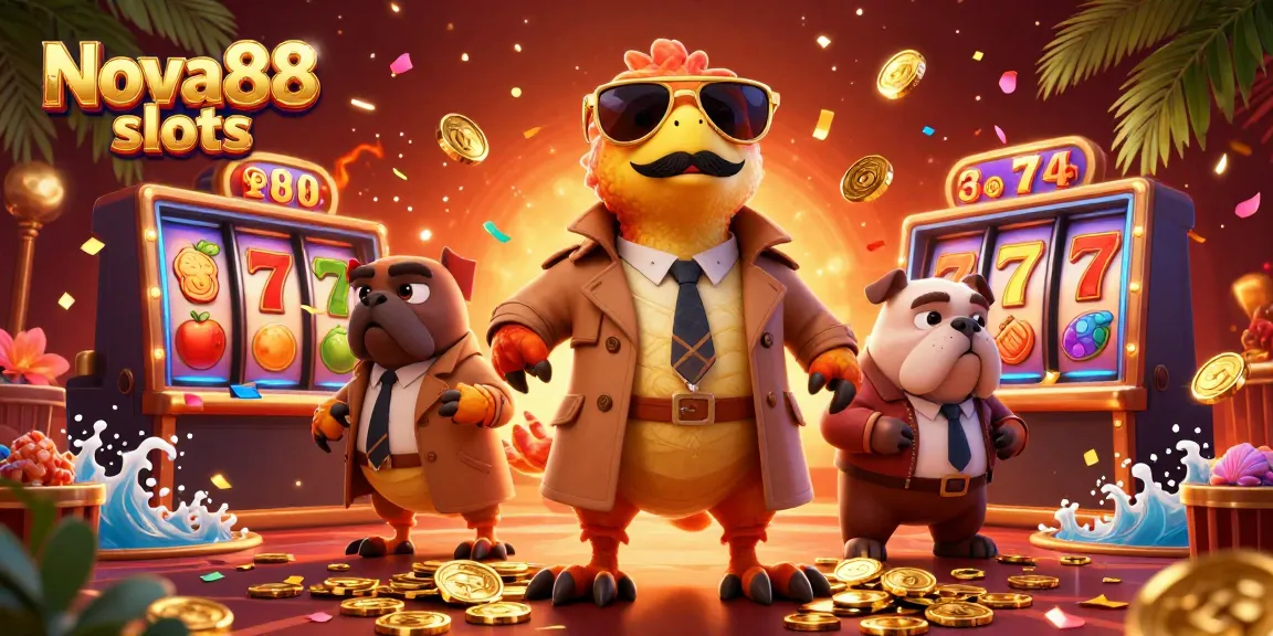 Experience the excitement of Nova88 slots with raptors in a trench coat, slot reels, and vibrant visuals.
