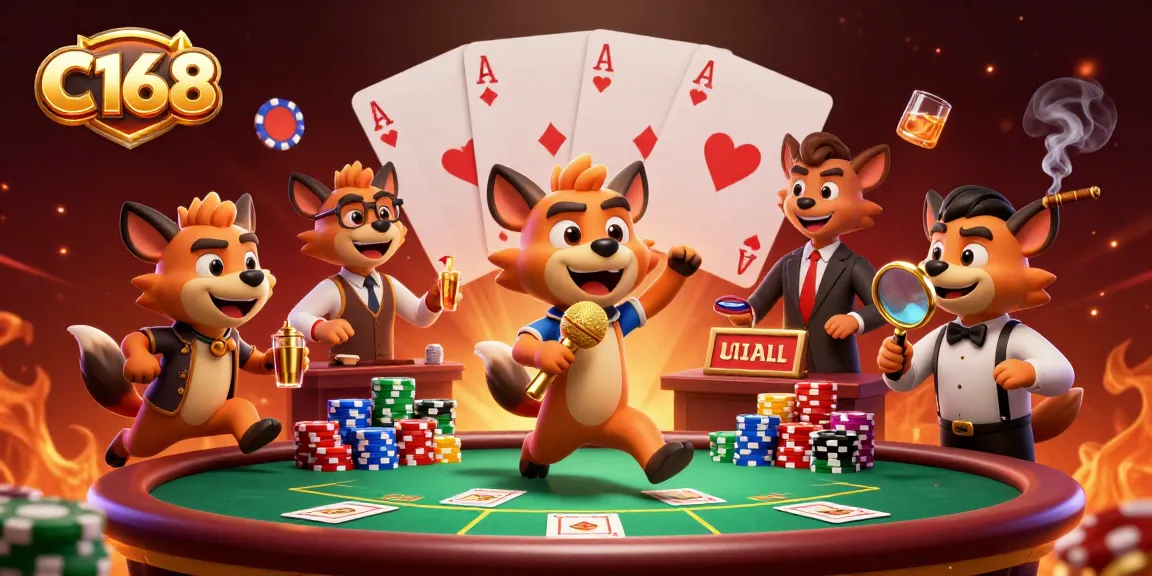 Experience the excitement of C168 with lively hyenas in a vibrant casino scene.