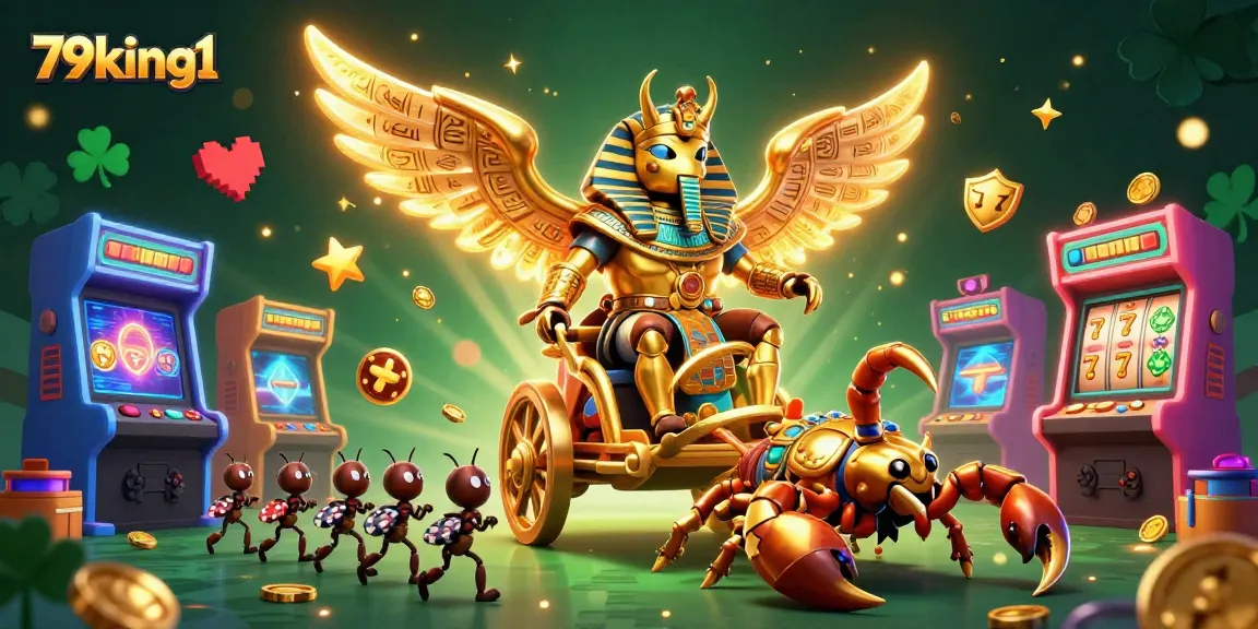 Engage with 79king1’s dazzling casino adventure featuring a colossal golden scarab beetle amidst vibrant slot machines.