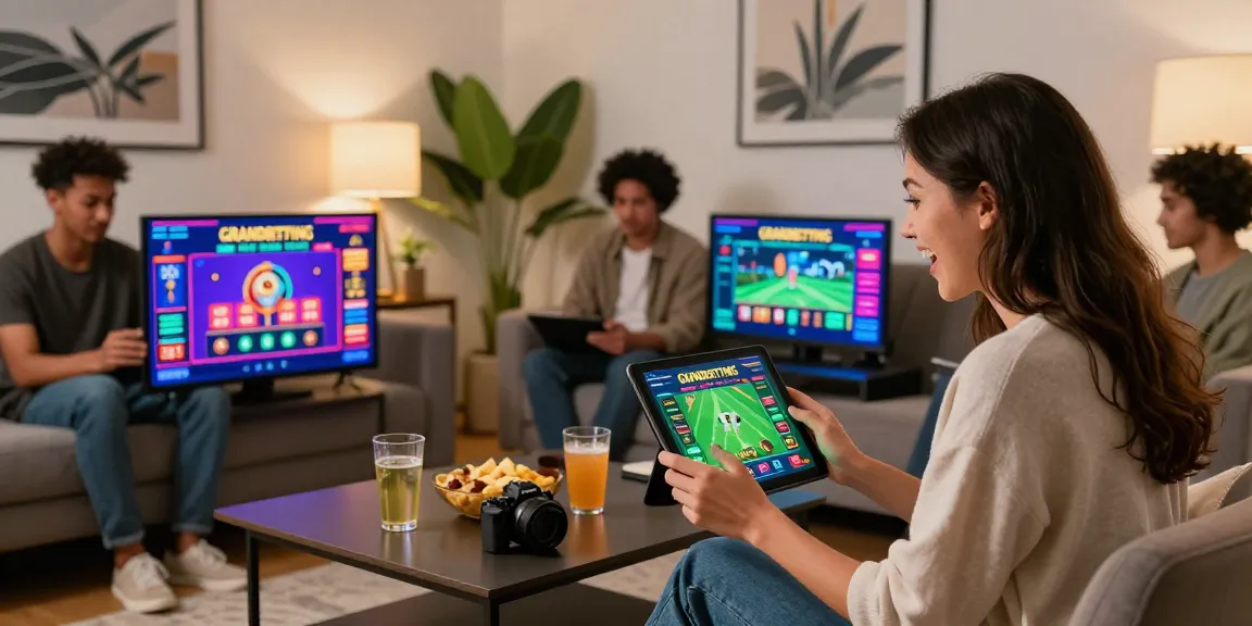 Excited players engaging with the Grandbetting online platform in a cozy living room setting.